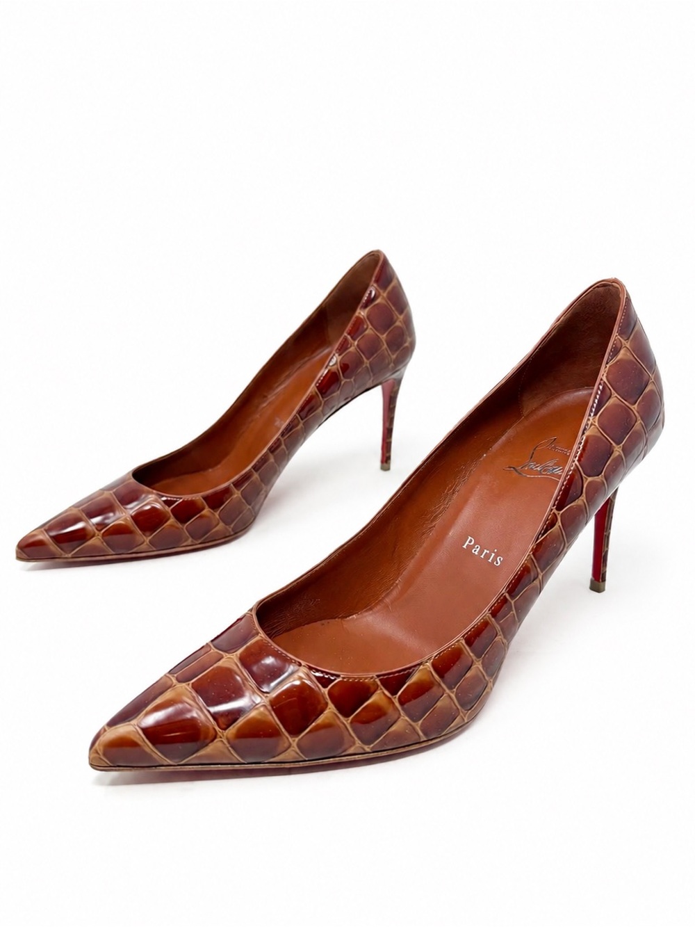 Christian Louboutin Kate Brown Calf Ali Croc Pointed Toe Heel Pumps Size EU 38